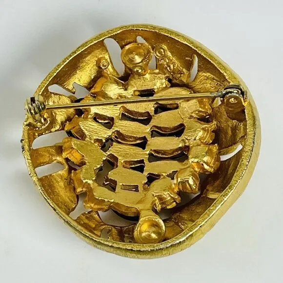 VTG BSK Signed Brown Rootbeer Foiled Textured Gold Tone Birds Nest Brooch - Picture 2 of 5